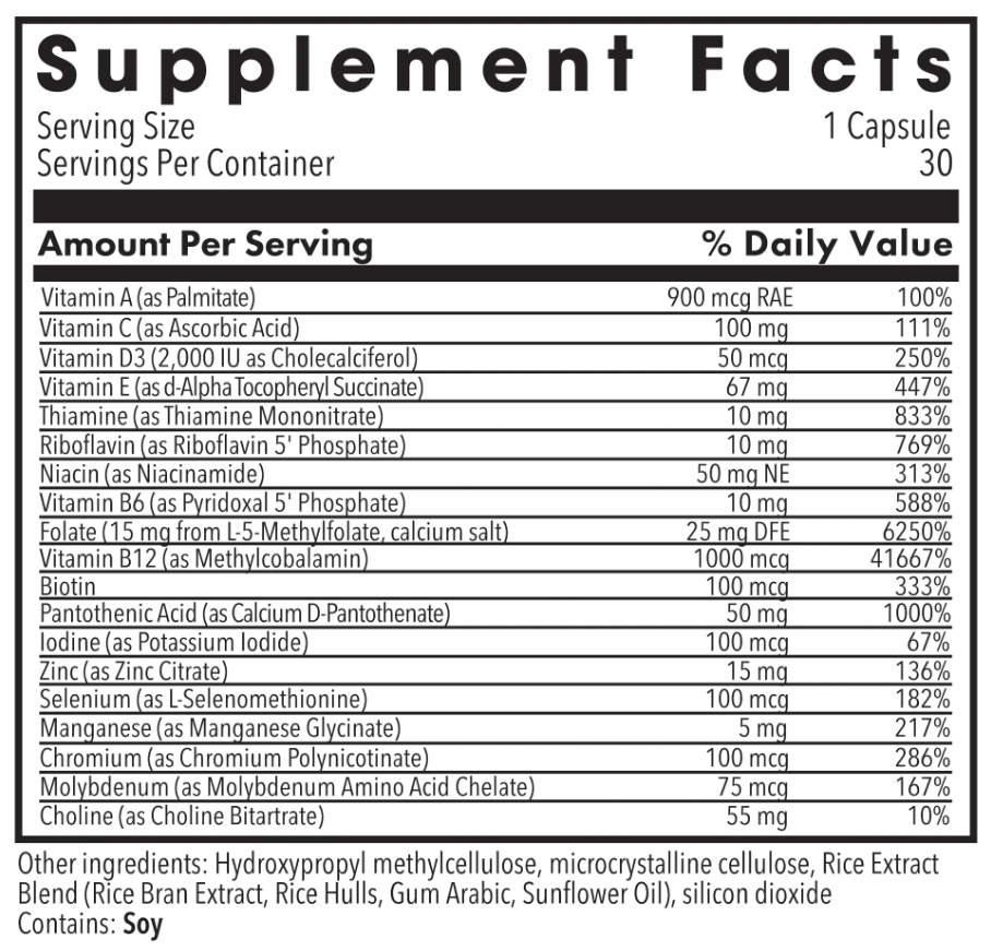 Allergy Research Group Multivitamin + L-Methylfolate 15 mg (Formerly MethylPro) Ingredients