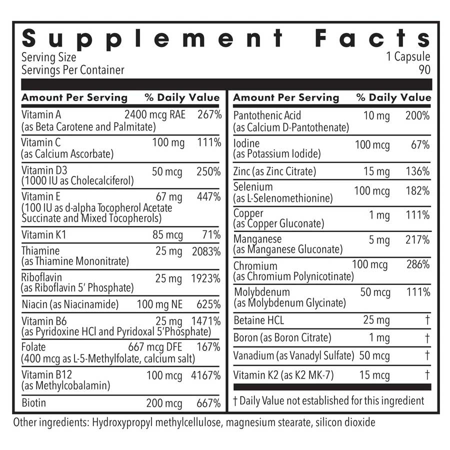 Allergy Research Group The Big One Plus without Iron Multivitamin (Formerly Metabolic Maintenance) Ingredients