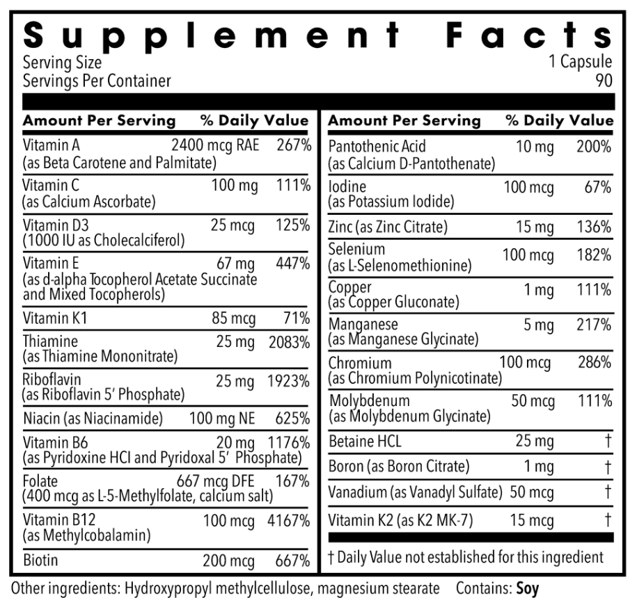 Allergy Research Group The Big One without Iron (Formerly Metabolic Maintenance) Ingredients