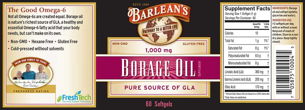 Barlean's Organic Oils Borage Oil 1000 mg Softgels Label