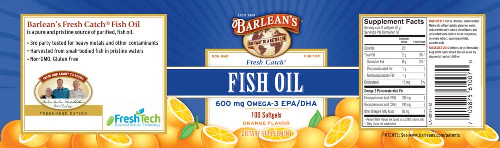 Barlean's Organic Oils Fresh Catch® Orange Flavor Fish Oil Softgels Label