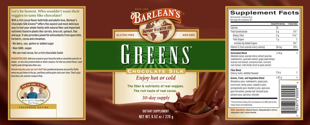 Barlean's Organic Oils Greens Chocolate Silk Powder Label