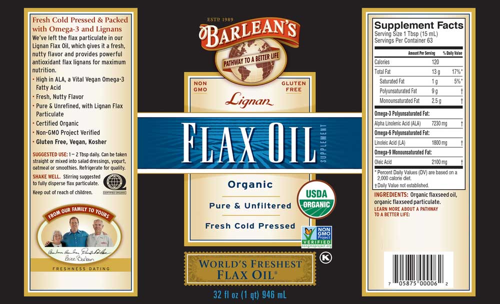 Barlean's Organic Oils Lignan Flax Oil Label