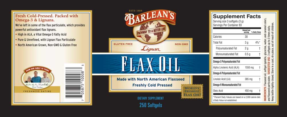 Barlean's Organic Oils Lignan Flax Oil Softgels Label