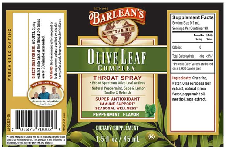 Barlean's Organic Oils Olive Leaf Complex Throat Spray Peppermint Label