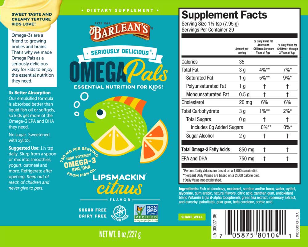 Barlean's Organic Oils Omega Pals Lipsmackin' Citrus Label