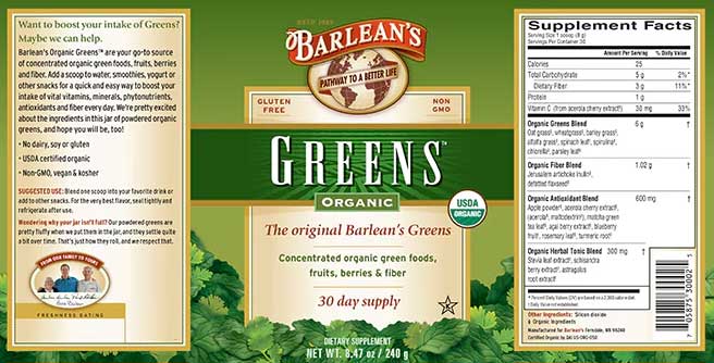 Barlean's Organic Oils Organic Greens™ Powder - Natural Flavor Label
