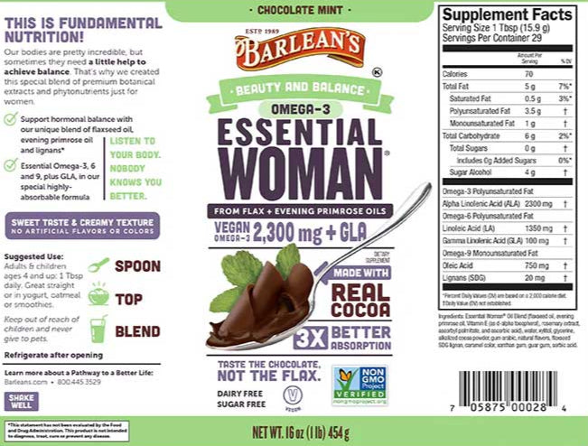 Barlean's Organic Oils Seriously Delicious™ Essential Woman® Chocolate Mint Label