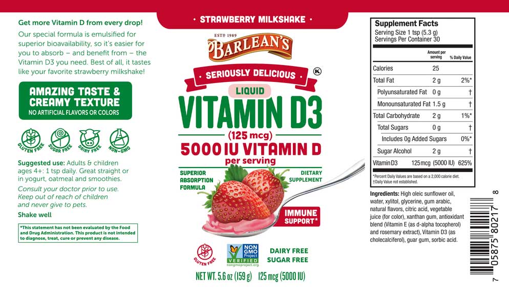 Barlean's Organic Oils Seriously Delicious Liquid Vitamin D3 Strawberry Milkshake Label