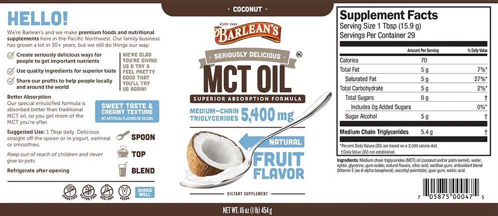 Barlean's Organic Oils Seriously Delicious MCT Oil - Coconut Label