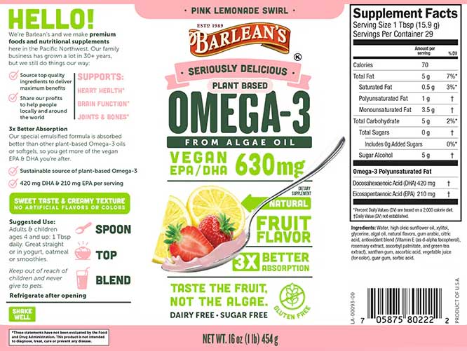 Barlean's Organic Oils Seriously Delicious Omega-3 from Algae Oil Pink Lemonade Label