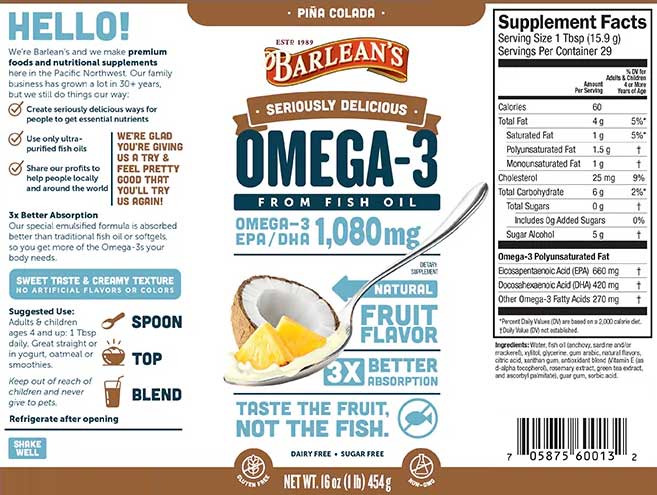 Barlean's Organic Oils Seriously Delicious Omega-3 Fish Oil Piña Colada Label