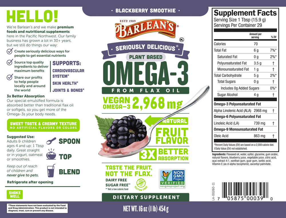 Barlean's Organic Oils Omega-3 Vegan Blackberry Smoothie Label