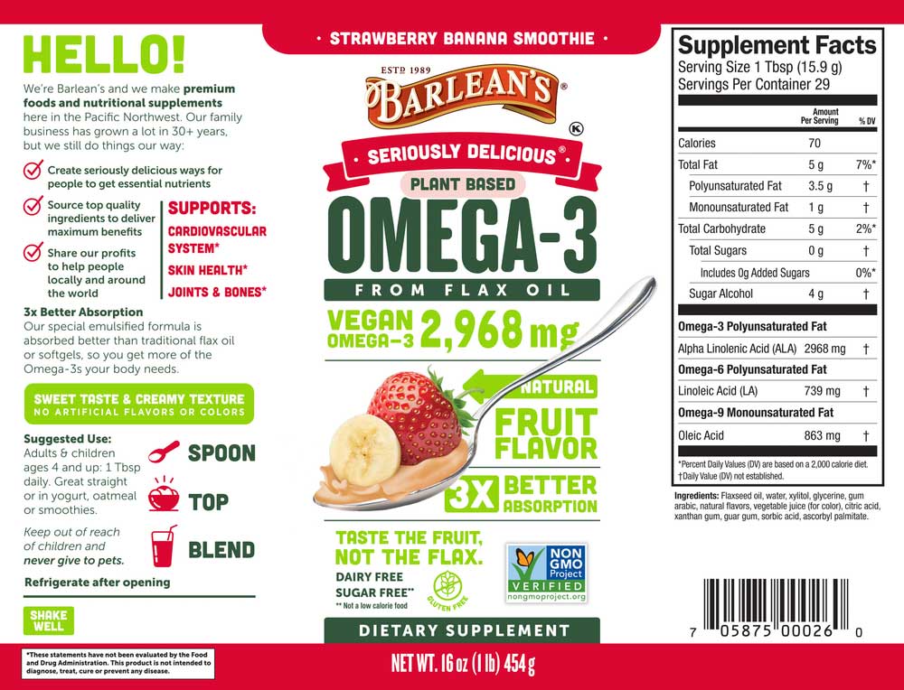 Barlean's Organic Oils Seriously Delicious™ Omega-3 Flax Strawberry Banana Smoothie Label