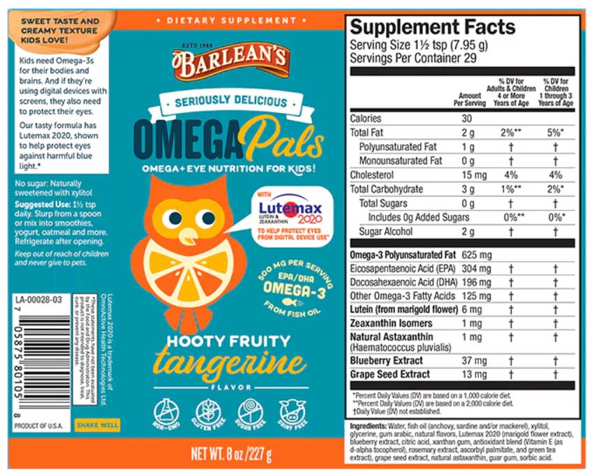 Barlean's Organic Oils Seriously Delicious Omega Pals Hooty Fruity Tangerine Fish Oil + Eye Nutrition Label