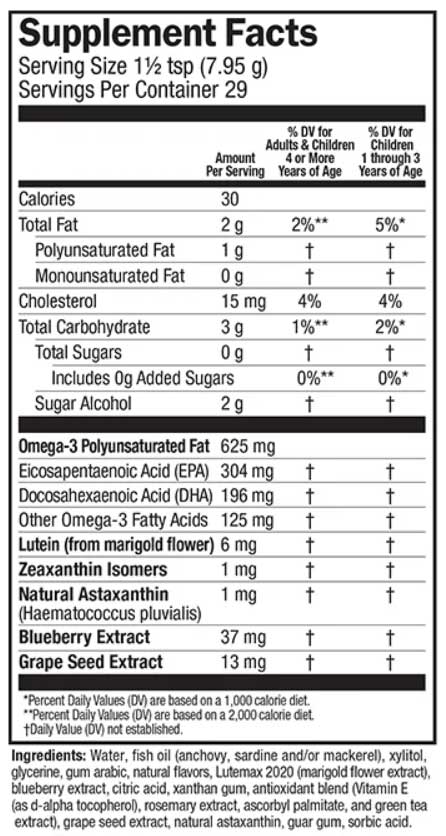 Barlean's Organic Oils Seriously Delicious Omega Pals Hooty Fruity Tangerine Fish Oil + Eye Nutrition Ingredients