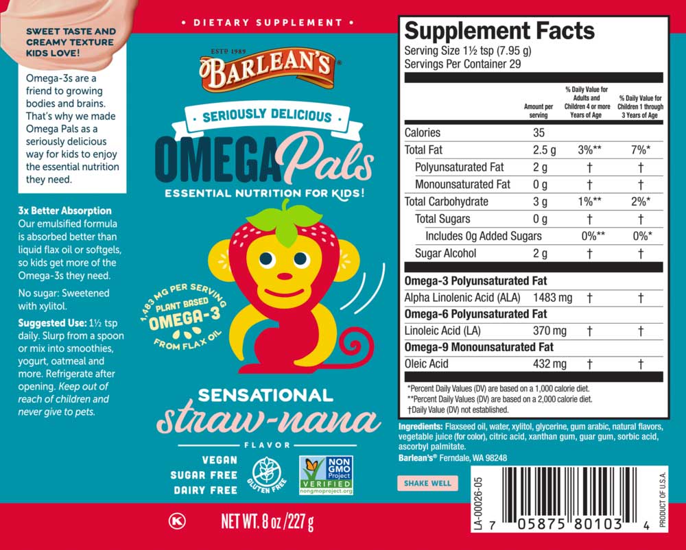 Barlean's Organic Oils Seriously Delicious Omega Pals Sensational Straw-nana Flax Oil Label