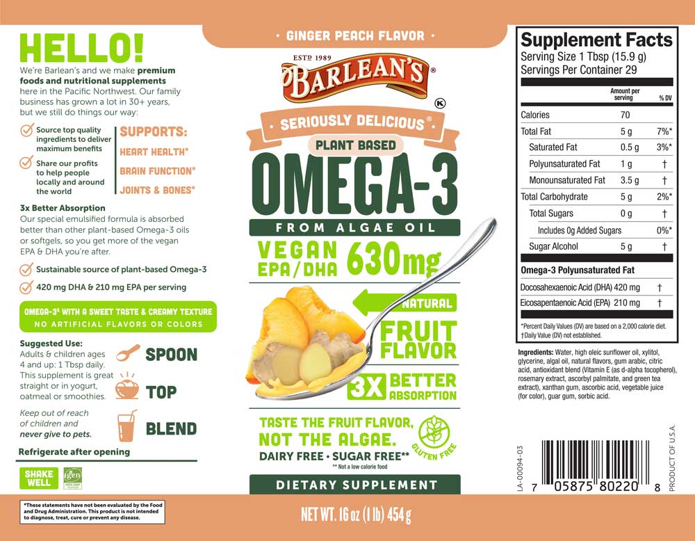 Barlean's Organic Oils Seriuosly Delicious Omega-3 from Algae Oil Ginger Peach Label