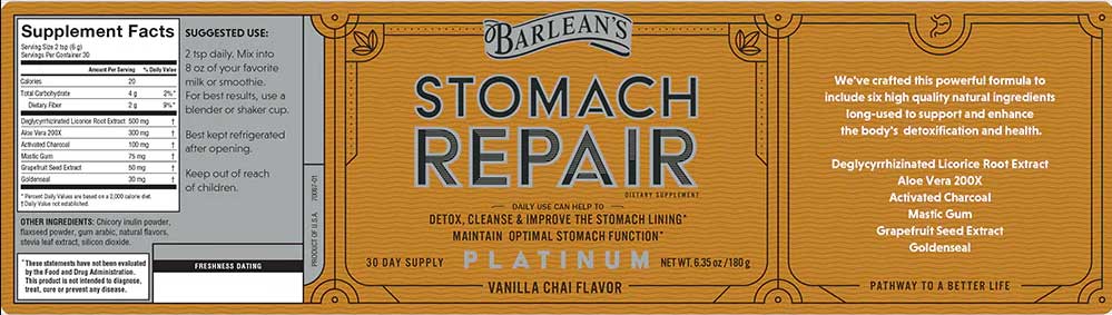 Barlean's Organic Oils Stomach Repair Vanilla Chai Label