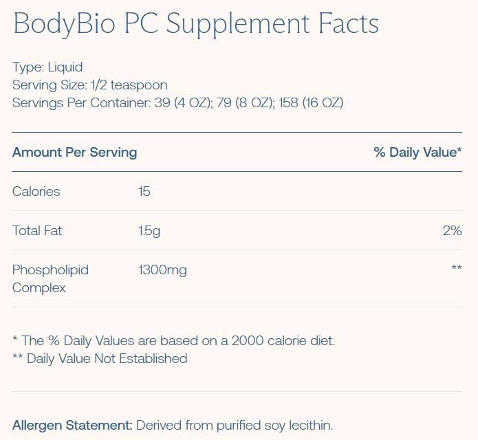 BodyBio PC (Liposomal Phospholipid Complex) Liquid Ingredients