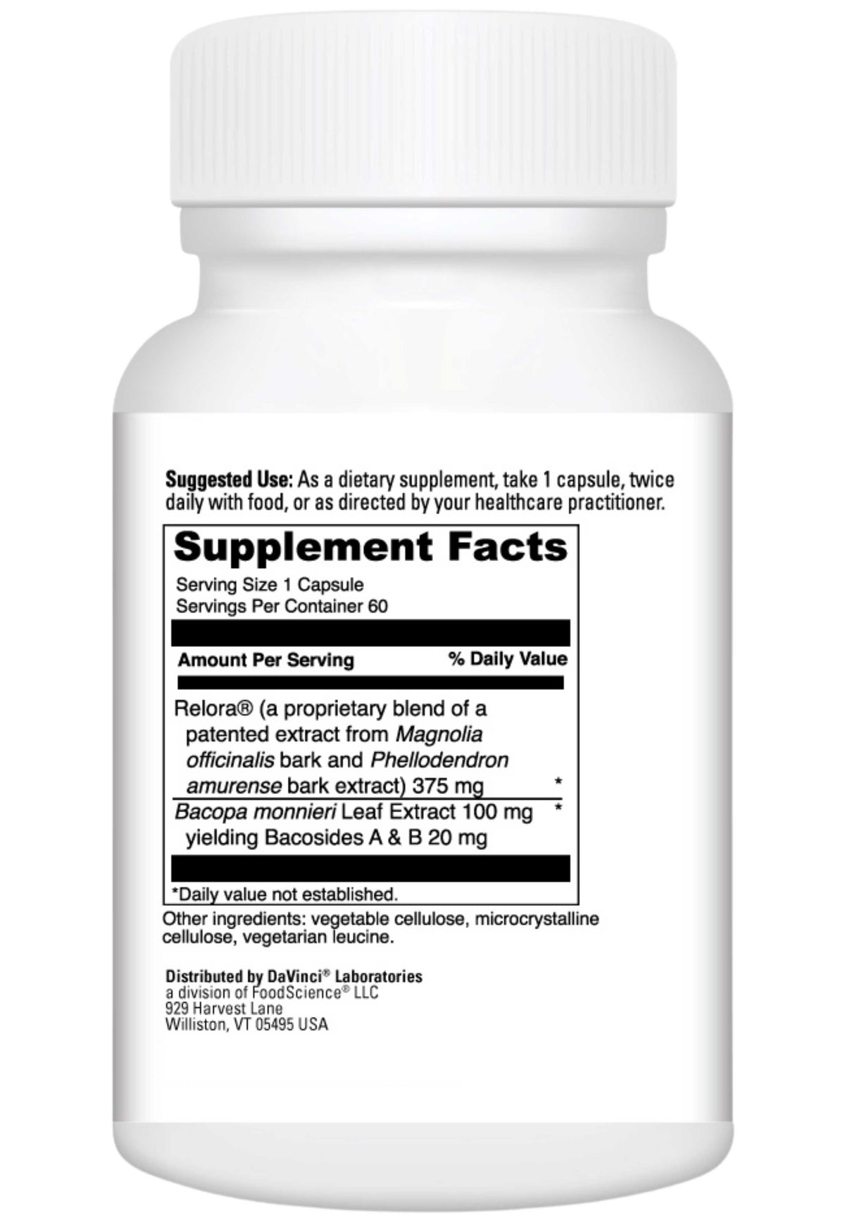 DaVinci Labs Relora with Bacopa Ingredients