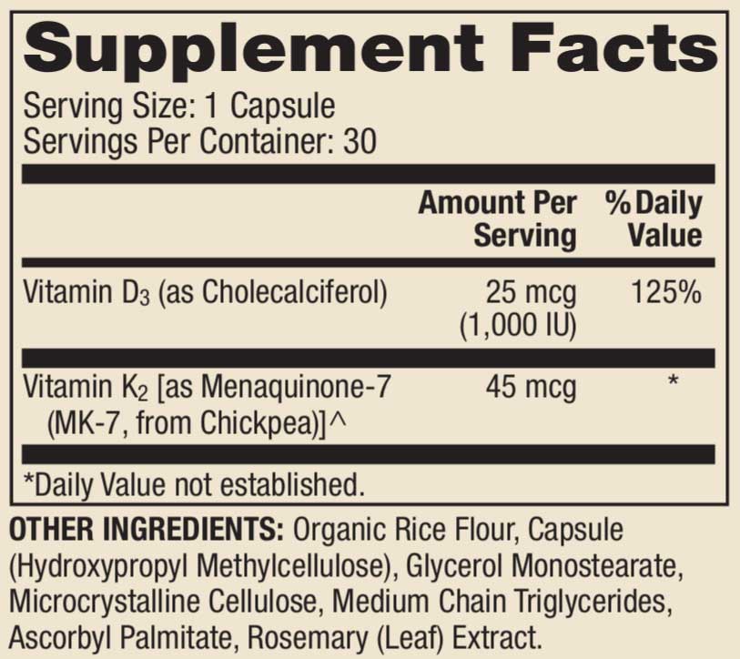 Dr. Mercola Vitamins D3 & K2 Low Dose Ingredients