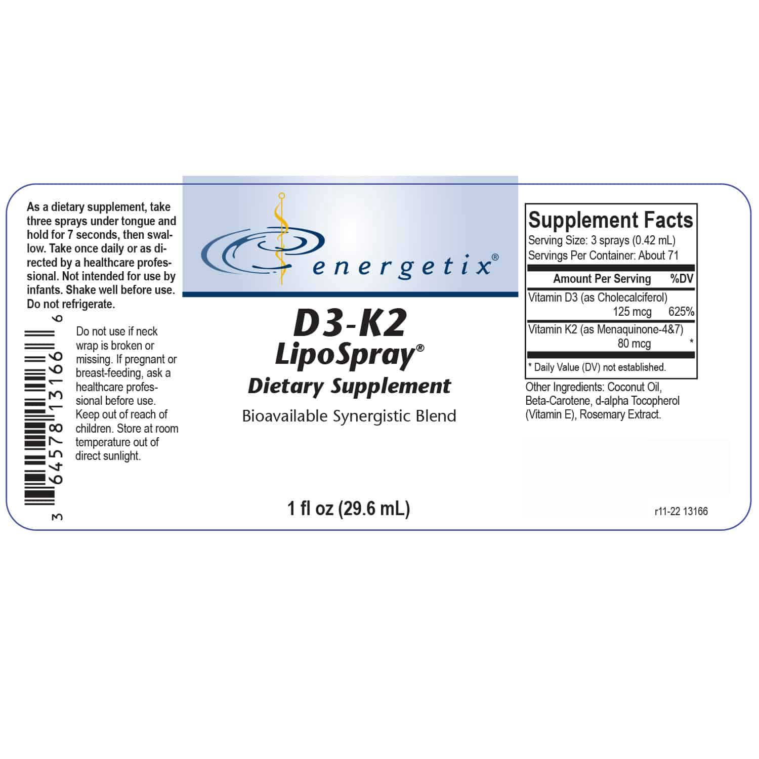 Energetix D3 K2 Lipo Spray Label