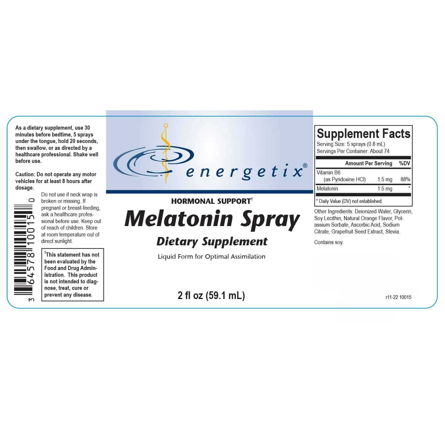Energetix Melatonin Spray Label
