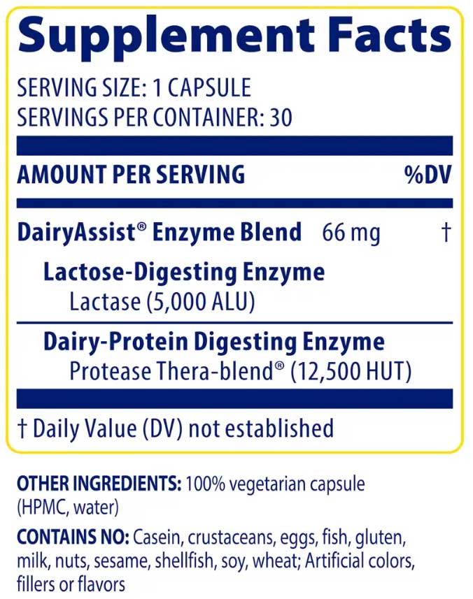 Enzymedica DairyAssist Ingredients