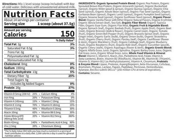 Garden of Life Raw Organic Meal Vanilla Ingredients