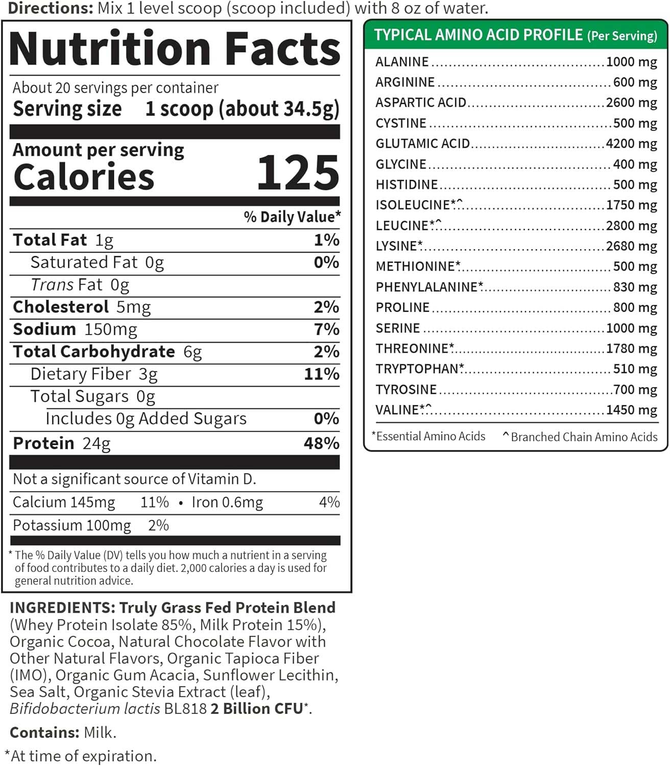 Garden of Life SPORT Certified Grass Fed Whey Protein Powder Ingredients