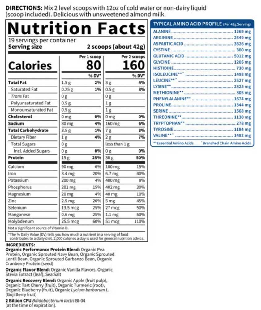 Garden of Life SPORT Organic Plant-Based Protein Vanilla Ingredients