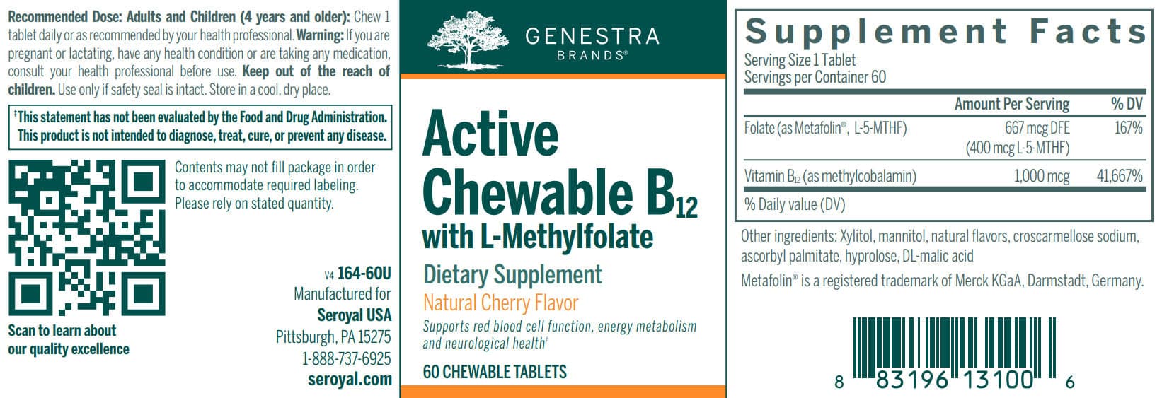 Genestra Brands Active Chewable B12 with L-Methylfolate Label
