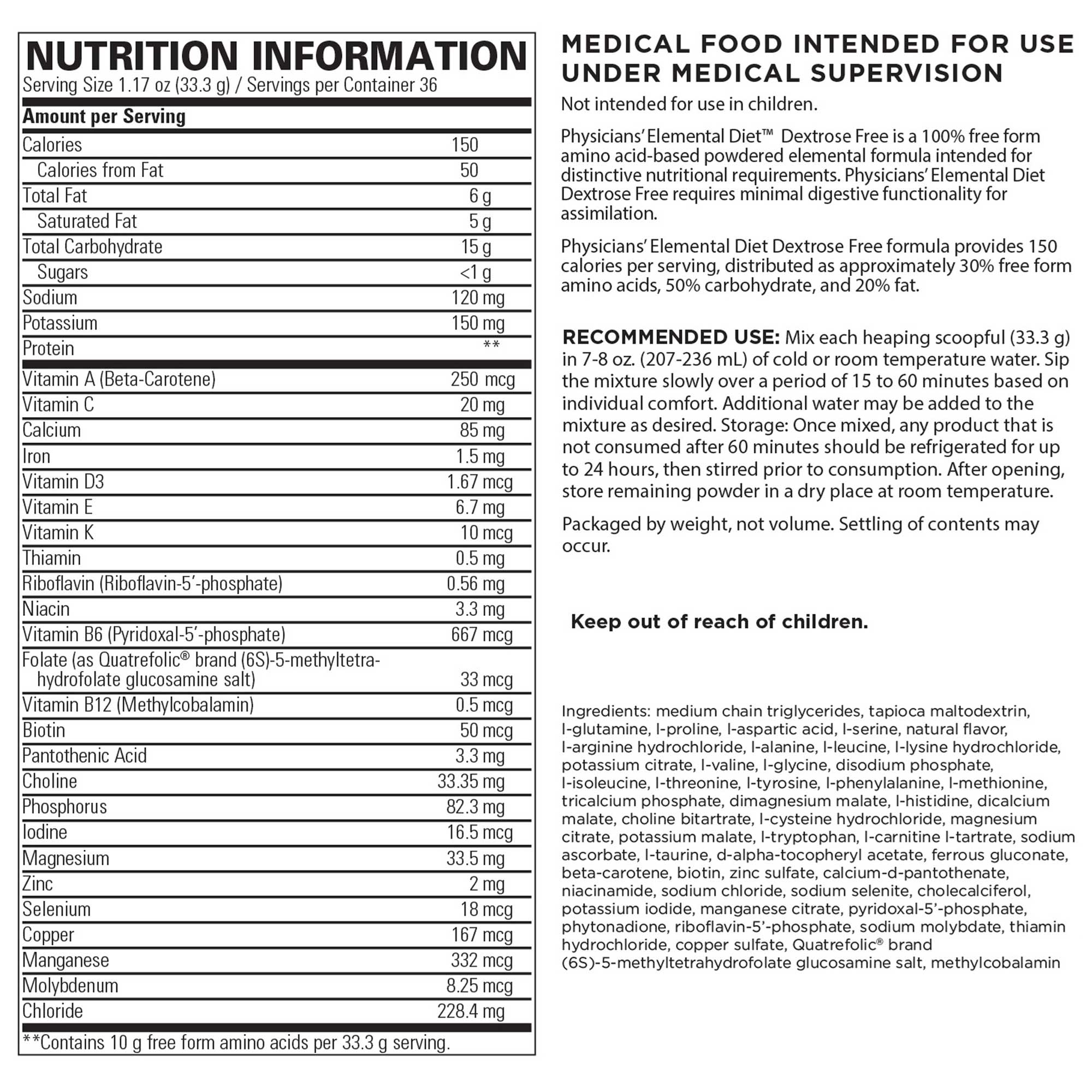 Integrative Therapeutics Physicians’ Elemental Diet Dextrose Free Ingredients