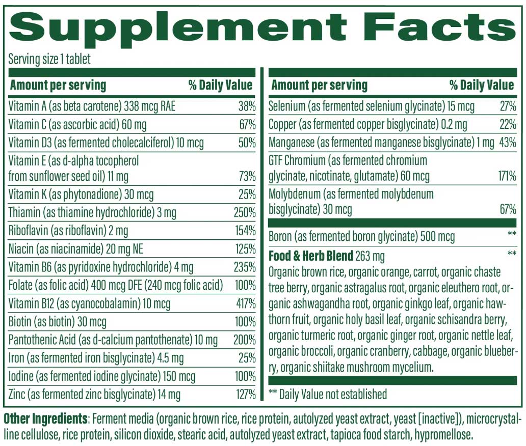 MegaFood Women's 40+ One Daily Multivitamin (Formerly Women Over 40 One Daily) Ingredients