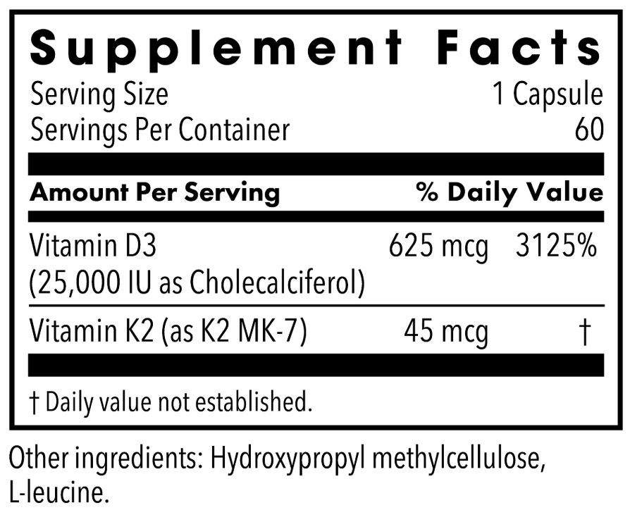 Metabolic Maintenance Vitamin D-3 25,000 IU with Vitamin K2 MK-7 Ingredients