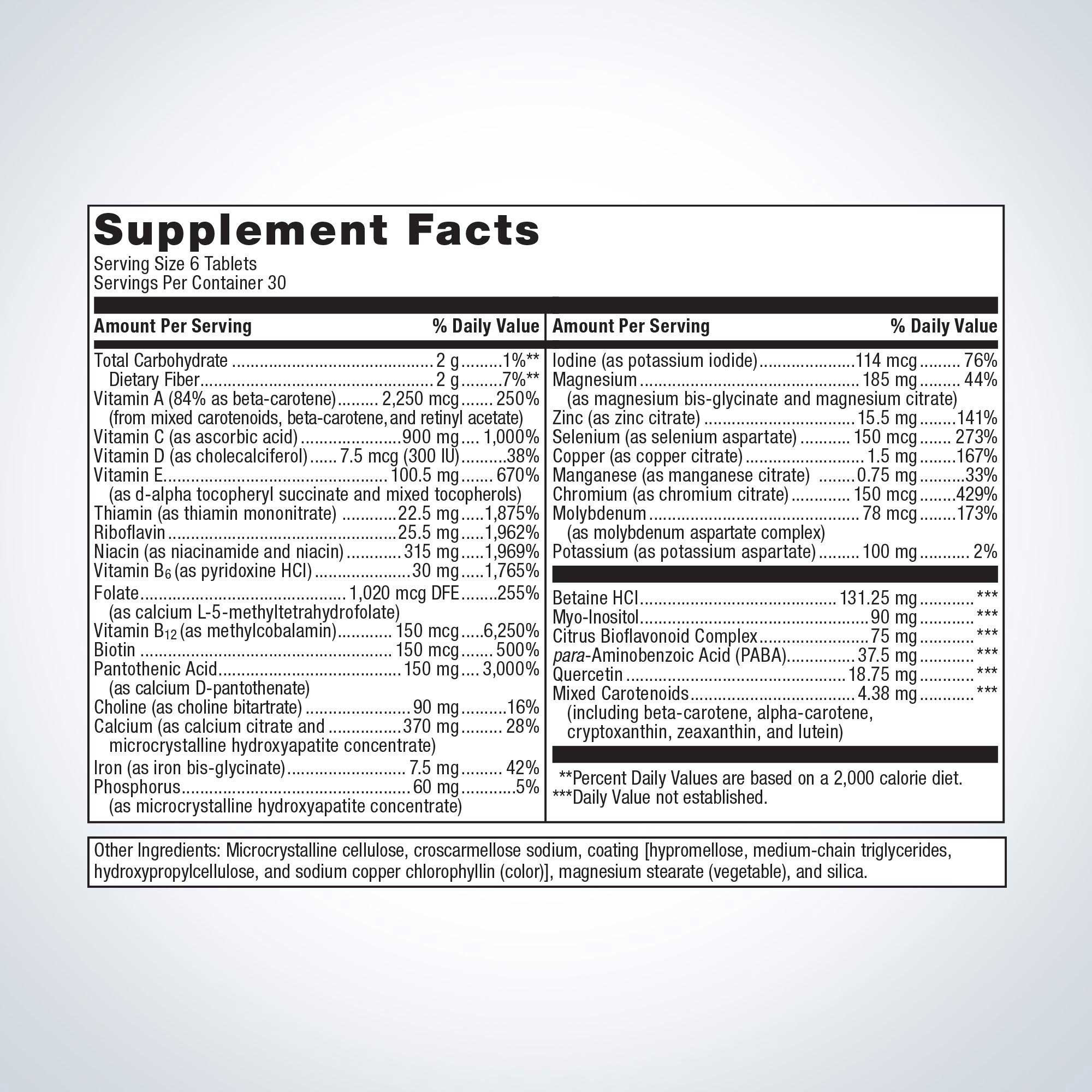 Metagenics Multigenics Intensive Care Multivitamin with Iron Ingredients