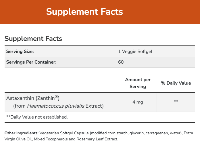NOW Astaxanthin 4 mg Ingredients