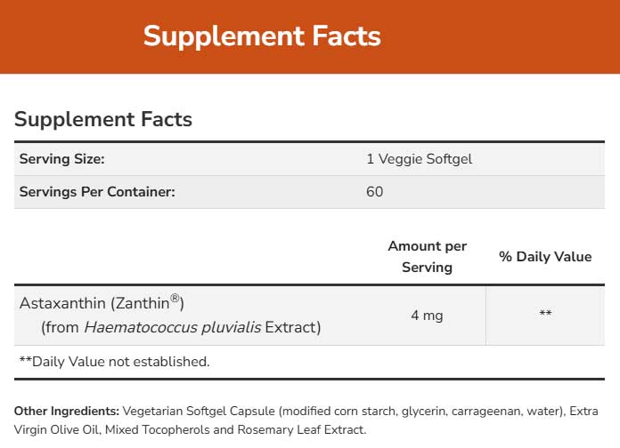 NOW Astaxanthin 4 mg Ingredients