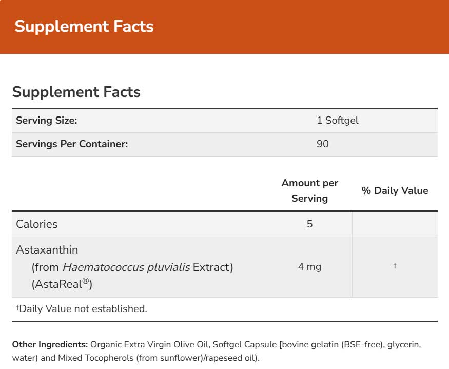 NOW Astaxanthin 4 mg Softgels Ingredients