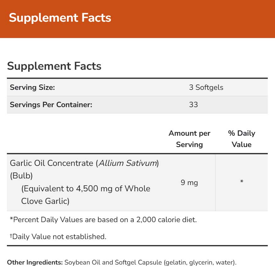 NOW Garlic Oil 1500 mg Ingredients
