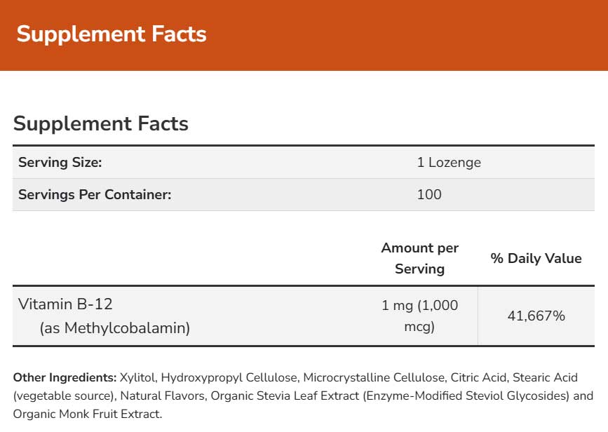 NOW Methyl B-12 1,000 mcg Ingredients