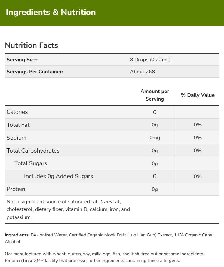 NOW Organic Monk Fruit Liquid Sweetener Ingredients