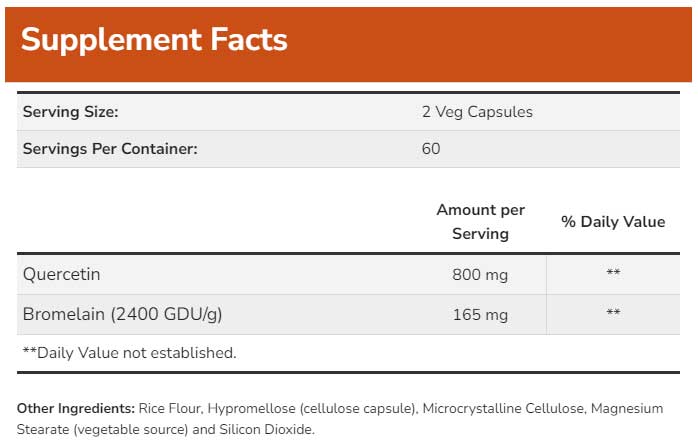 NOW Quercetin with Bromelain Ingredients