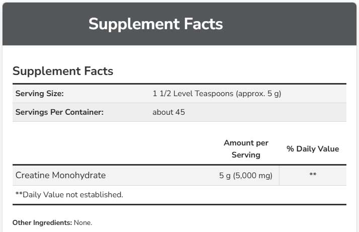 NOW Sports Creatine Monohydrate Powder Ingredients