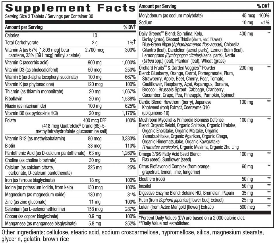 Nature's Way Alive! Max3 Potency Adult Complete Multivitamin (with iron) Ingredients