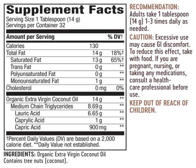 Nature's Way Coconut Oil Organic Extra Virgin Ingredients