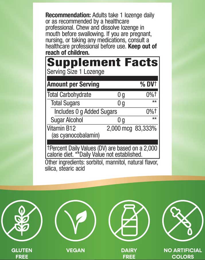 Nature's Way Vitamin B12 Lozenges High Potency Ingredients