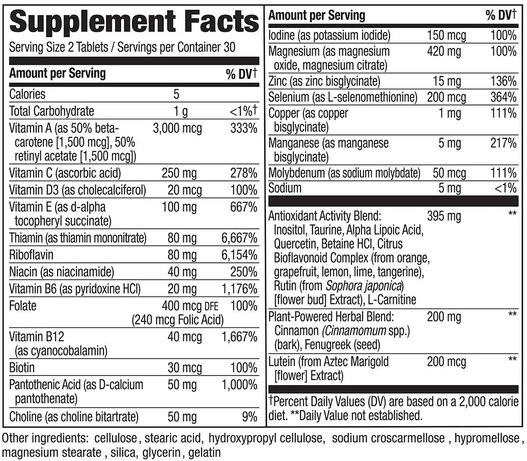 Nature's Way Completia Diabetic Multivitamin No Added Iron Ingredients
