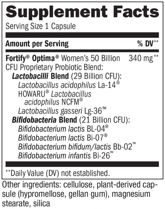 Nature's Way Fortify Optima Women's 50 Billion Probiotic Ingredients